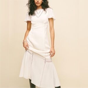Reformation Cream Midi Dress with Lace Accents